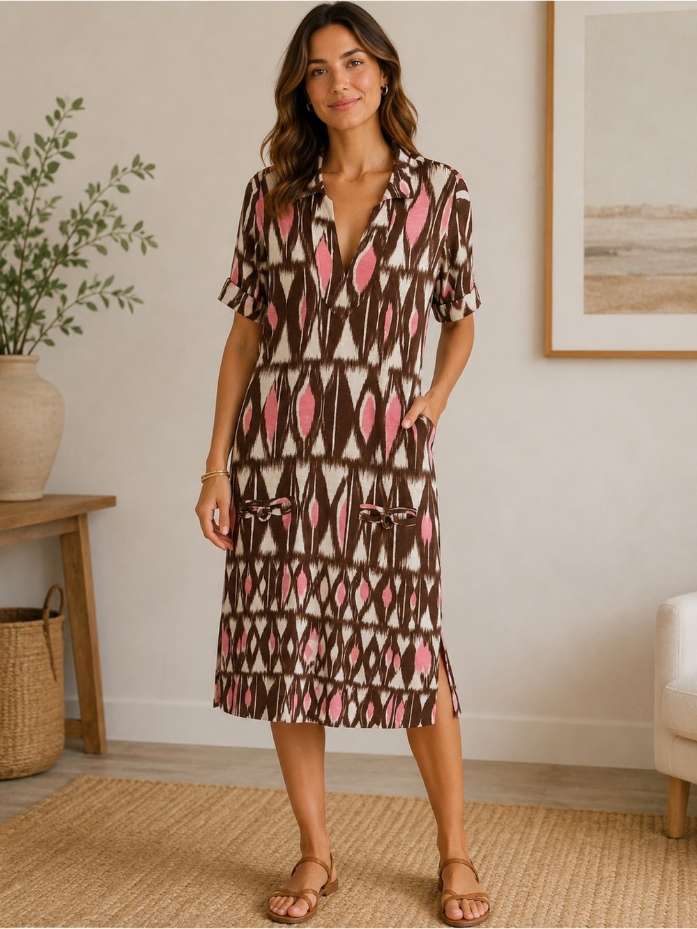 Tori Richard Brown, Pink and Cream Printed Midi Shirt Dress